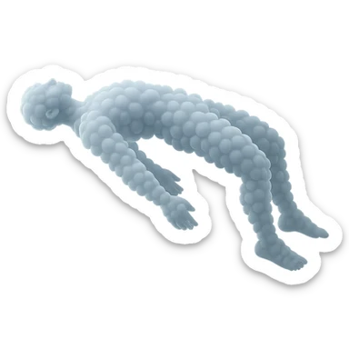 side view of unconscious person flying torso up, legs and arms down, made of small very bright white fluffy convex clouds, matte glass style sticker