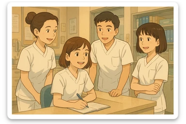 Interaction of four nursing students in a care station, team atmosphere, white short-sleeve medical tunics with V-neck and left chest pocket, no collar stand, no stethoscopes, nothing protruding from sleeves, faces inspired by four new photos, style Ghibli sticker