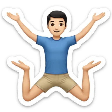 Romantic hero pose, man with both arms wide open, one leg slightly bent, smiling, iconic open-arm stance, simple emoji style sticker