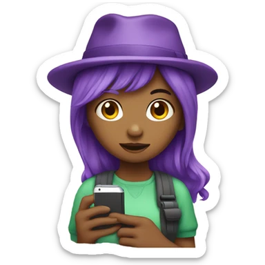 Make an emoji of a daughter who has a cell phone and a green hat with purple hair sticker
