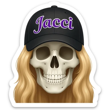 Create a skeleton head wearing a black baseball cap that says " Jacqui " in purple, and white lettering, with long blonde hair sticker