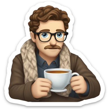 brown hair blue eyes moustache and Soul patch pale guy with glasses drinking tea with blanket on sticker