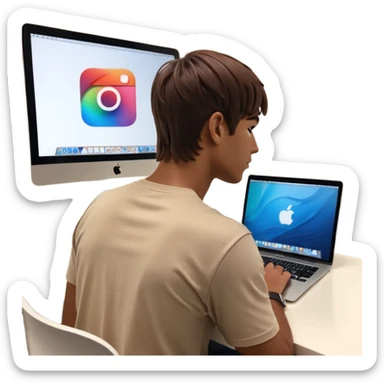 A man seen from behind, with detailed, well-lit hair. He is sitting in front of an open MacBook on a desk. On the MacBook screen, the Instagram logo is clearly visible and glowing. The scene has a modern, minimalistic aesthetic with natural lighting and a sharp, high-resolution look. sticker