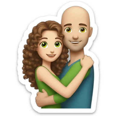 girl with curly brown hair and green eyes hugging taller handsome bald blue-eyed man sticker