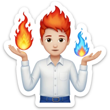 A boy with no hands fire instead made out of red fire and blue fire on a white shirt that the boy is wearing  sticker