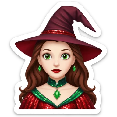 Nessarose, Wicked Witch of the East from The Wizard of Oz with long brown hair, red sequin outfit sticker