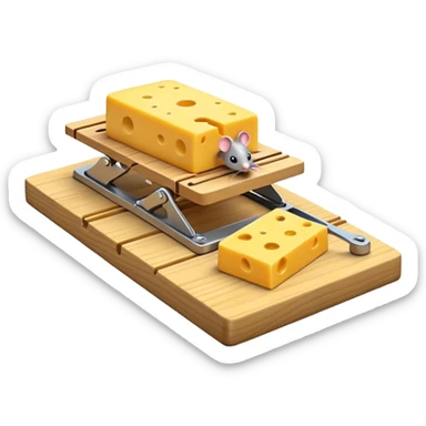A 3D emoji in iOS emoji aesthetic style of a small mousetrap on a wooden base with a tiny gray mouse approaching a small piece of yellow cheese on it, minimal white background, bright lighting, clean and glossy Apple-style design sticker
