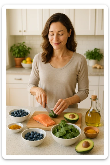 Donna tra i 30 e i 40 anni in una cucina luminosa, serena e sorridente, mentre prepara un pasto a base di cibi antinfiammatori: avocado, mirtilli, salmone selvaggio, verdure a foglia verde, olio d’oliva, curcuma. Il piano cucina è ordinato, ricco di colori naturali. Sullo sfondo: erbe fresche, frutta, una tisana allo zenzero. La donna appare in forma, rilassata e consapevole delle sue scelte. Atmosfera calda e armoniosa, luce naturale. Stile realistico, tono positivo e ispirazionale sticker