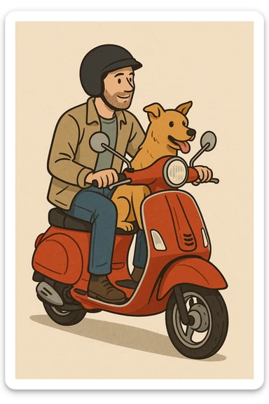 man and his pet dog riding a vespa sticker