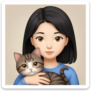 long hair asian girl snuggle with a short hair brown tabby cat sticker