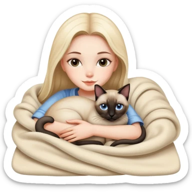 A beautiful girl hugs a Siamese cat on a blanket sticker