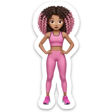 Uma menina negra da pele clara magra definida com roupa de academia rosa, com cabelo cacheados  todo castanho escuro bem grande até a bunda sem muito volume no cabelo sticker