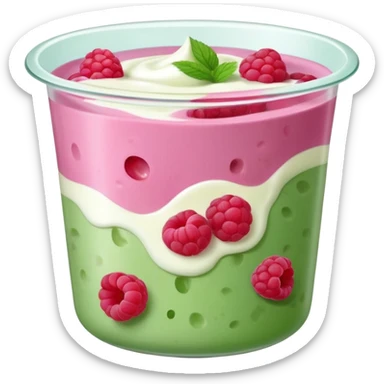 Fruits like yogurt, raspberries, probiotik, in 3d view, aesthetic! Show the green or pink colour sticker