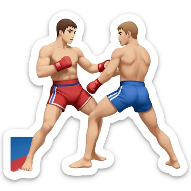 Two sambo fighters in blue and red gis with shorts, executing grappling and throwing techniques. The athletes are engaged in a dynamic hold or throw, showcasing the strength and skill of the sport. The background features a wrestling mat. Transparent background  sticker