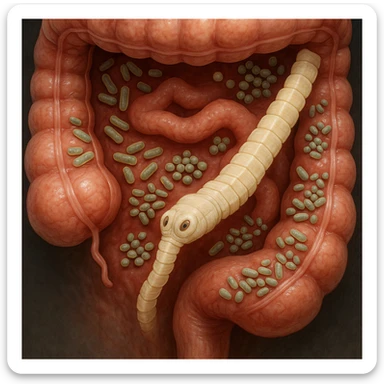 a medical illustration of a human realistic gut with bacteria and parasyte (tenia) realistic 4k real   sticker