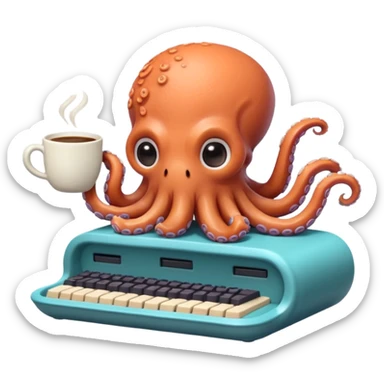 A cute chibi octopus sitting at a tiny desk, typing on a miniature keyboard with all eight arms while sipping coffee from a giant mug. Vibrant pastel colors, rounded edges, extremely expressive, sticker-style, transparent background. sticker