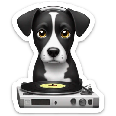 Black and white dog listening to vinyl on headphones sticker