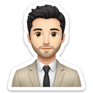 Headshot portrait of a professional 35-year-old man with black wavy hair, stubble, strong jawline, white skin tone, wearing smart casual business attire with blazer, confident and charismatic expression, suitable for a professional speaker profile sticker