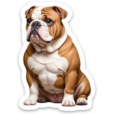 Cinematic Noble Brown and White English Bulldog Portrait Emoji, Poised and regal, with a robust, muscular build and a short, well-groomed coat of rich brown and white, deep-set soulful brown eyes, Simplified yet sharp and sophisticated features, highly detailed, glowing with a soft, dignified glow, high shine, intelligent and steadfast, stylized with an air of authority, focused and attentive, soft glowing outline, capturing the essence of a watchful and confident guardian, so majestic it feels as though it could lumber out of the screen with effortless authority! sticker
