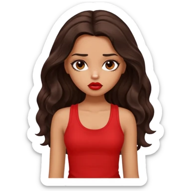 generate a pretty tan bratz girl with dark brown wavy hair long wearing a red tank top, red lipstick. Looking sad sticker
