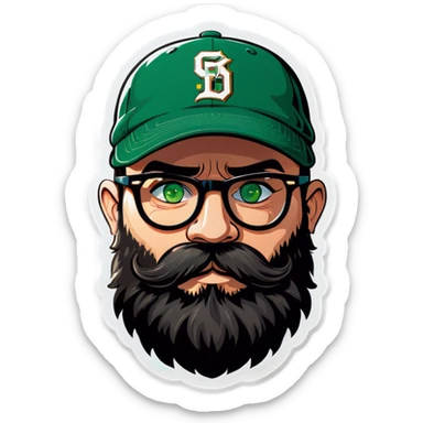 A bold man with a grey baseball cap, green eyes, big beard and glasses blows a kiss sticker