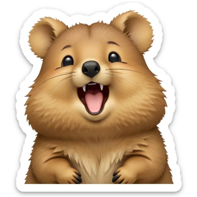 cinematic-realistic  yawning quokka-emoji,-small-round-frame, head tilted in an endearing manner, wouth wide open yawning, sleepy comical smile, round cheeks, giant-fluffy-cheeks-large-smile-fluffy-brown-fur-radiating-a-warm-softness,-big-round-eyes-filled-with-joy, realistic round  fluffy zoomed in, large black eyes one paw raised in the air sticker