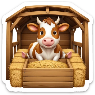cute cow feeding scene inside a cow barn, wooden stable, hay bales, feeding trough, happy cow eating hay, warm farm lighting, 3D cartoon, mobile game icon style, clean background, no text, no watermark
 sticker