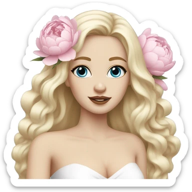 White bride with long light blonde hair and blue eyes with light pink peonies in hair white skin  sticker