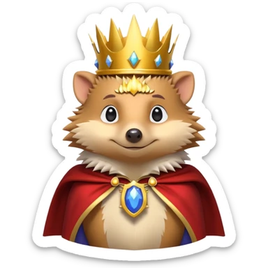 king hedgehog portrait, head and shoulders only, wearing a small golden crown, royal cape collar, proud confident expression, cute spiky fur details, fantasy royal vibe, 3D cartoon, mobile game icon style, clean background, no text, no watermark
 sticker