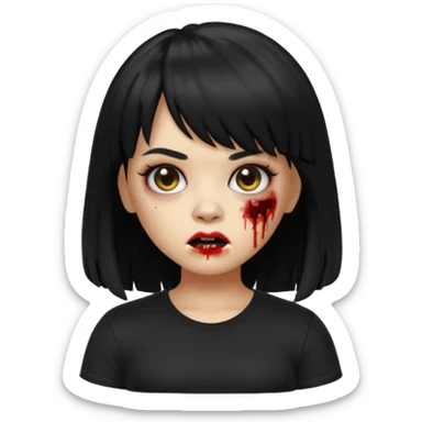 A zombie girl in Apple Memoji format with HUGE, straight black hair with bangs, wearing a black shirt. sticker