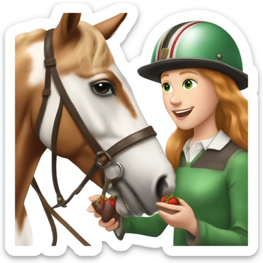 Extremely attractive and feminine white teen girl with green eyes and medium length strawberry blonde hair wearing traditional English riding helmet feeding a treat to a brown and white paint horse sticker