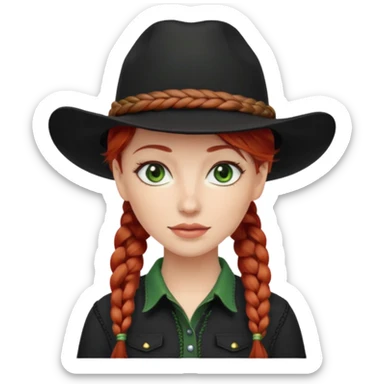 cowgirl with red hair green eyes black hat braided hair sticker