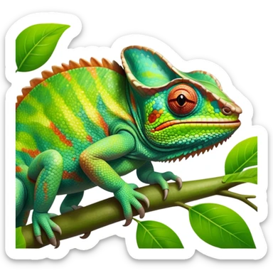 giant-chameleon-realistic emoji,-blending-with-vibrant-greenery.-detailed-scales-in-shifting-colors,-showing-the-chameleon’s-ability-to-camouflage.-soft-natural-light-highlights-its-texture.-nature-background, zoomed into its face sticker