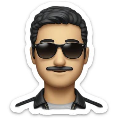 A young Iranian man with a short moustache in a cuir veste and Lacoste shirt and sunglasses and dark ai sticker
