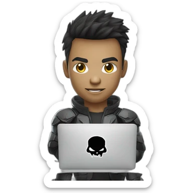 Young man developer behind his laptop with this style : Crytek Crysis Video game with nanosuit hacker themed character sticker