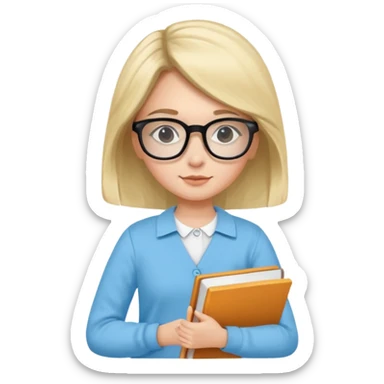 cute girl, glass, smart, Sky-blue colored clothing,
holding a book in one arm and a pen in the other hand.Holding a pen in the right hand as if teaching.Wearing black glasses, with a smart and bright-looking face. sticker