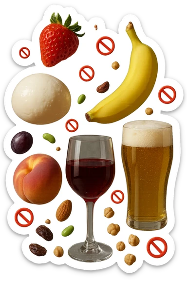 mozzarella, frutta legumi, frutta secca, birra e vino realistici fluttuano in aria con piccoli divieti 3d, IPERREALISTICO 4K sticker