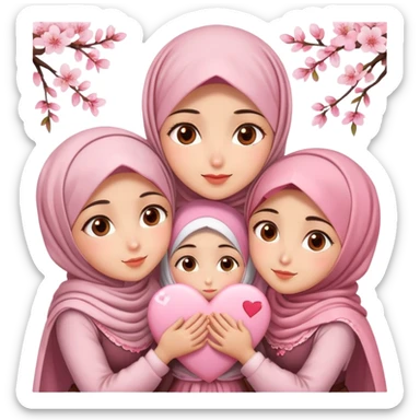 Four sister hugs Turkish girls beautiful finish Konya brown eyes with cherry blossom hijab and heart dress and hugs  sticker