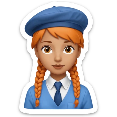orange braided hair girl, wearing white shir, a brown berret Hat, Blue Necktie sticker