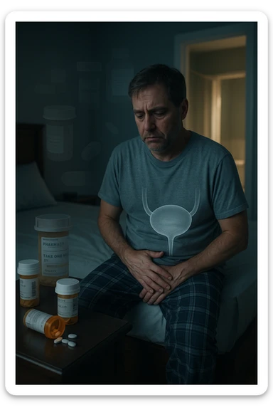 A middle-aged man sits on the edge of his bed in a dimly lit bedroom, looking exhausted and frustrated. On the nightstand beside him are several prescription pill bottles, loosely organized, some open — suggesting long-term medication use. In the background, the bathroom door glows softly, partially open, with a faint reflection of the toilet visible, indicating frequent nighttime trips. The man wears a loose T-shirt and pajama pants, his posture slightly curved as he gently touches his lower abdomen, symbolizing bladder discomfort. His eyes have dark circles, his expression is drained. The color palette is muted blues and greys, with a cinematic soft focus and ambient light highlighting emotional fatigue. A subtle overlay of pill labels and bladder imagery could be added for educational use. sticker
