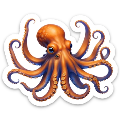 Cinematic Realistic Noble Octopus Portrait Emoji, Poised and majestic, with a sinuous, flowing body in vivid orange accented by intricately detailed blue rings, and intelligent, penetrating eyes that reflect ancient ocean lore; rendered with lifelike texture and natural iridescence, high shine, intelligent and formidable, styled with an aura of mystical marine power, focused and attentive, soft glowing outline, capturing the essence of a watchful and confident octopus that appears ready to glide out of the screen with timeless authority! sticker