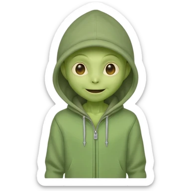 happy green alien in gray hoodie full height, wear hoodie hat sticker
