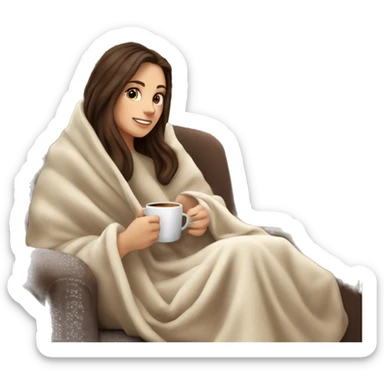 Brunette white girl covered in blanket autumn vibe sitting on a cozy chair holding coffee, window on the background sticker