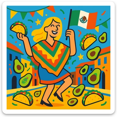 festive Cinco de Mayo cartoon of a tall blonde woman, smiling, wearing a colorful poncho, holding a taco and an avocado, waving a Mexico flag, dancing in the street, surrounded by tacos and avocados, lively street party background, bright and bold colors sticker