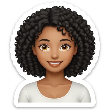 a young woman.She has voluminous, curly black hair that frames her face beautifully. Her skin tone is black light and glowing, and she has a subtle, natural makeup look. She’s smiling softly at the camera. She is wearing a white top sticker