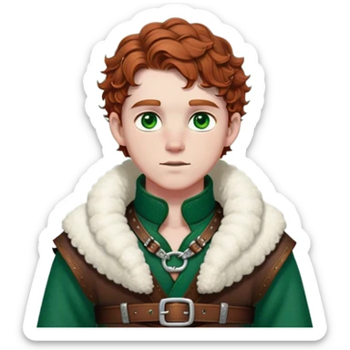 Medieval winter outfit worn by a DnD themed fantasy male character. Rich brown leather-trimmed wool tunic with sheepskin lining, featuring intricate metal buckles at the collar, paired with a heavy braided belt. Clothes only above the waist, full waist coverage. The character has no arms. Character is white-skinned with auburn hair, emerald green eyes, and short curly hair beneath a light dusting of snow. sticker