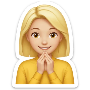 yellow smiling face girl with both hands under chin fingers touching sticker