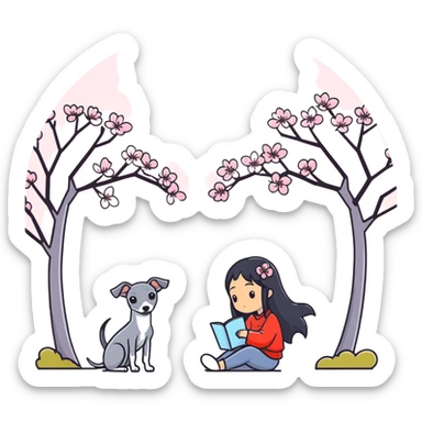 A beautiful 25-year-old Chinese woman with long black hair and a pure dark grey Italian Greyhound with absolutely NO white markings anywhere on its body sitting under a cherry blossom tree. The dog must be completely solid dark grey with no white on muzzle, paws, or chest. sticker