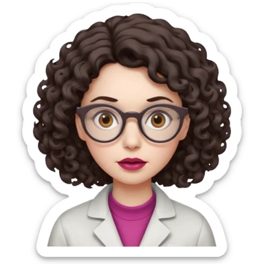A crazy female scientist, with curly-wavy dark brown medium lenght hair, brown eyes and light grey glasses and pale skin and pinkish lips, dressed to look like an english teacher but in neutral tones like grey black white, maybe with the pop of dark red, she should look slighltly insane sticker