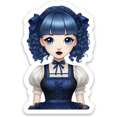 Japanese pale woman with Dark Blue curly pigtails and bangs, royal blue lips and eyeshadow, long eyelashes, blue eyes, black Lolita dress with laces and ribbons, gothic Lolita doll look sticker